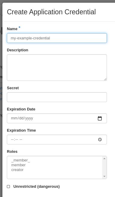 Image showing "Create Application Credential" dialog